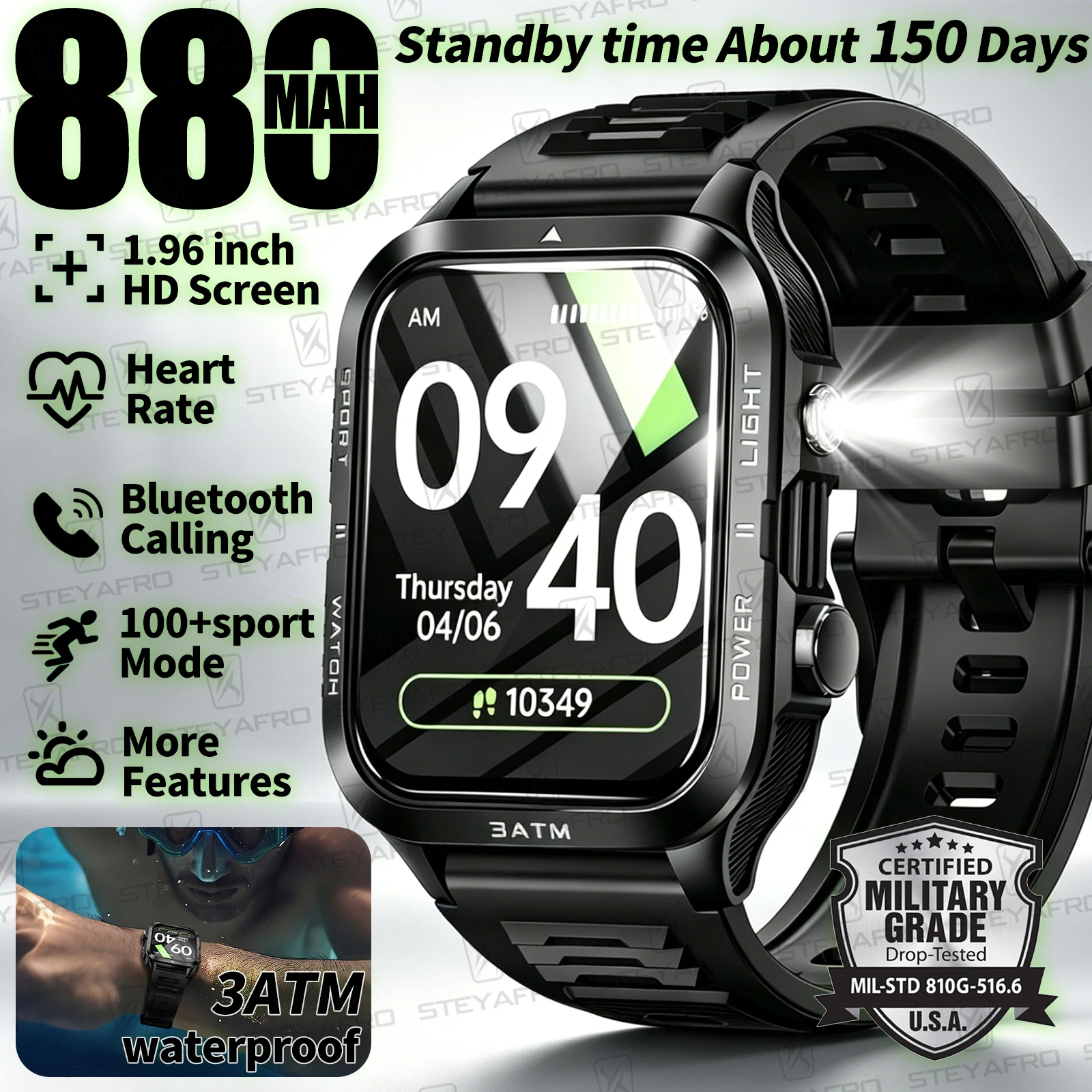 Smartwatch Health Watches - Military Grade SmartWatch Men LED Flashlight